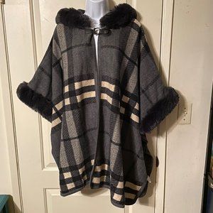 Grey Cream & Black Plaid Hooded Cape with Faux Fur Trim One Size